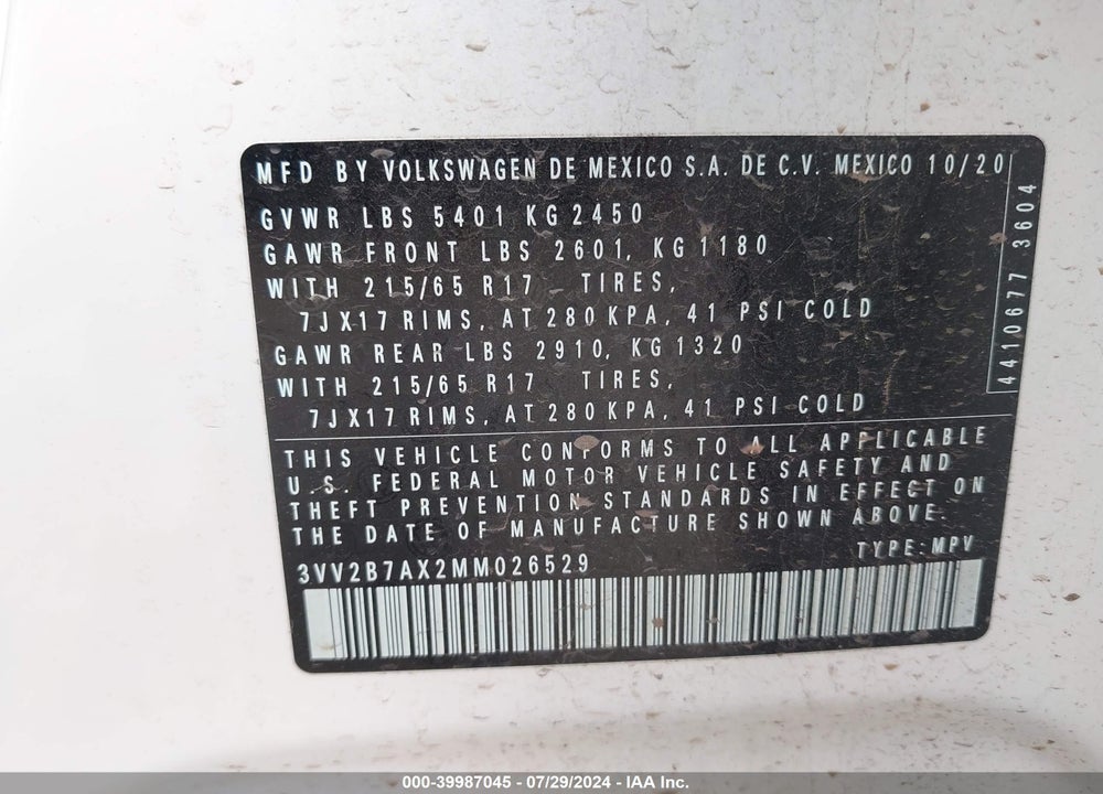 2021 VOLKSWAGEN TIGUAN VIN: 3VV2B7AX2MM026529