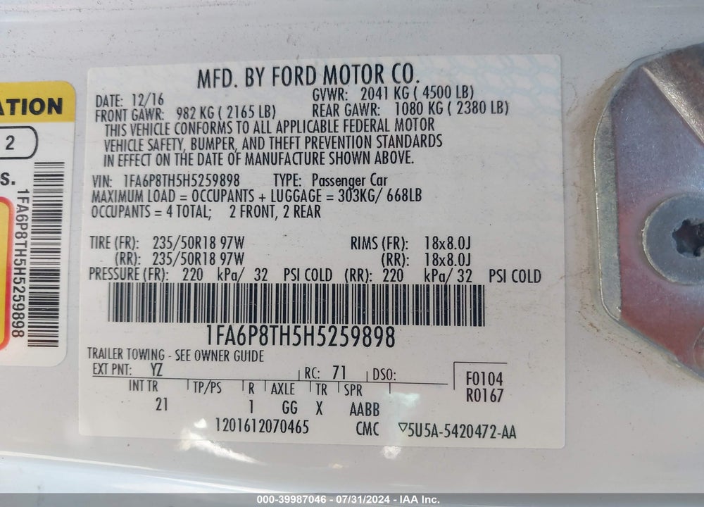 2017 FORD MUSTANG ECOBOOST VIN: 1FA6P8TH5H5259898