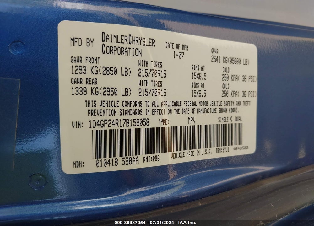 2007 DODGE GRAND CARAVAN SE VIN: 1D4GP24R17B159058