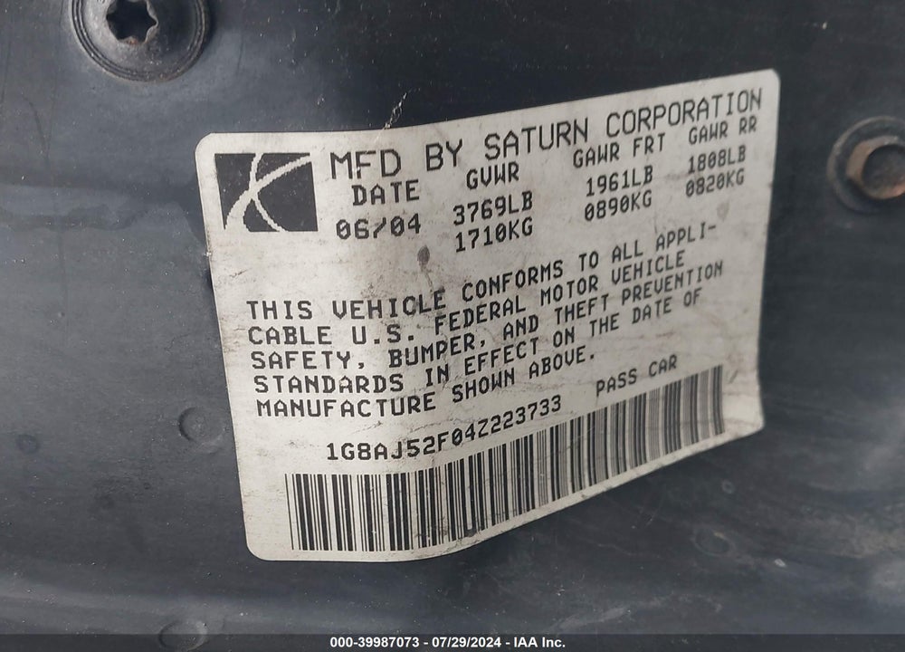 2004 SATURN ION VIN: 1G8AJ52F04Z223733
