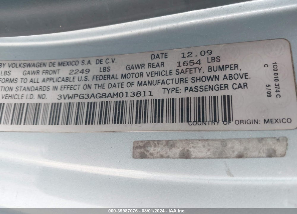 2010 VOLKSWAGEN NEW BEETLE 2.5L VIN: 3VWPG3AG8AM013811
