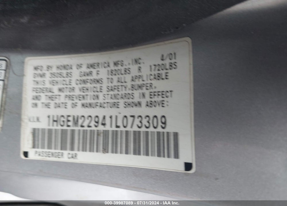 2001 HONDA CIVIC EX VIN: 1HGEM22941L073309