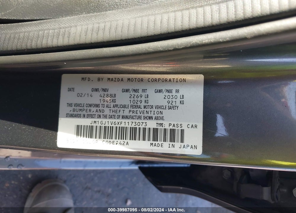 2015 MAZDA 6 I TOURING VIN: JM1GJ1V6XF1173073