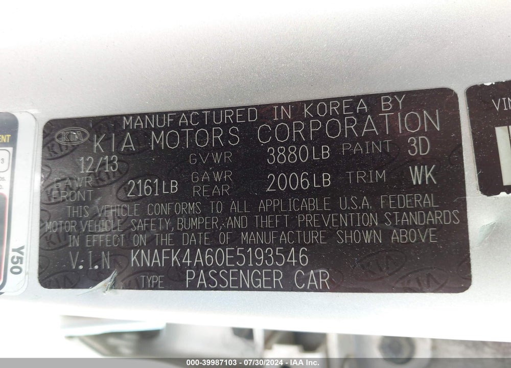 2014 KIA FORTE LX VIN: KNAFK4A60E5193546