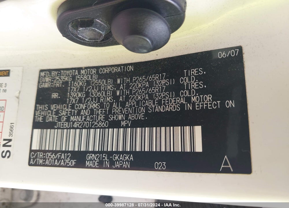 2007 TOYOTA 4RUNNER SPORT V6/SR5 V6 VIN: JTEBU14R270125860