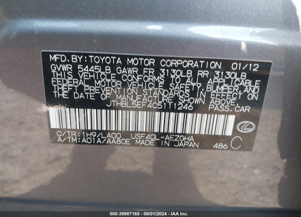 2012 LEXUS LS 460 VIN: JTHBL5EF4C5111246