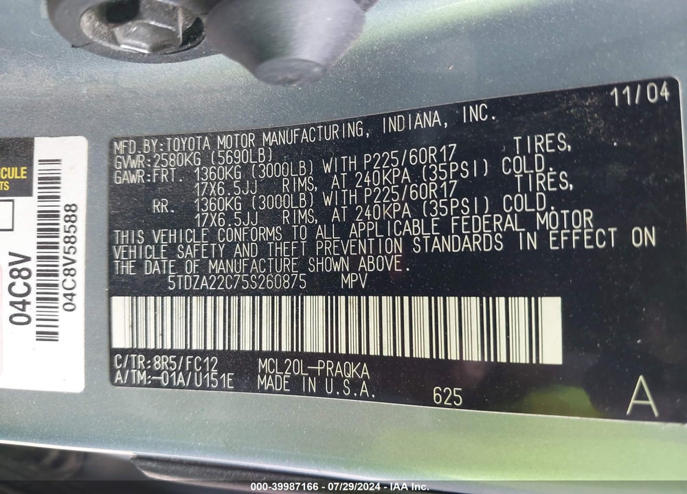 2005 TOYOTA SIENNA XLE VIN: 5TDZA22C75S260875