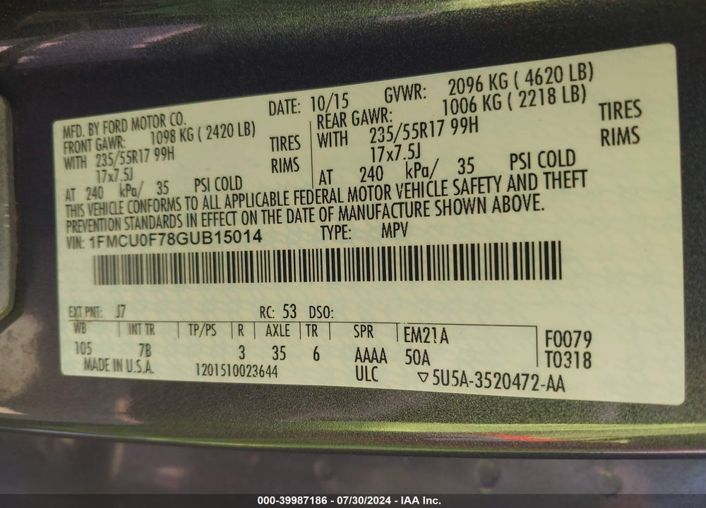 2016 FORD ESCAPE S VIN: 1FMCU0F78GUB15014