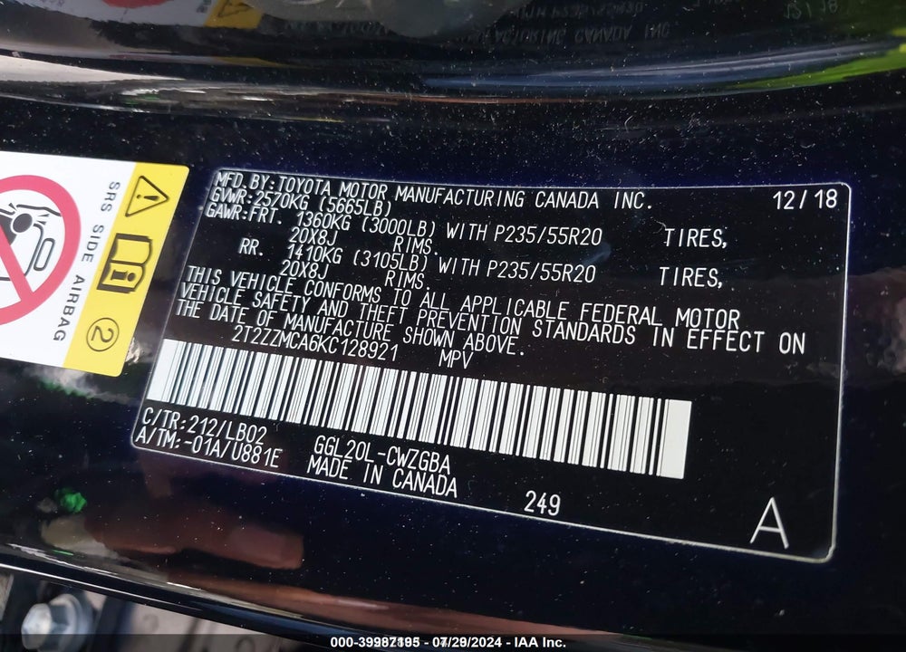 2019 LEXUS RX 350 VIN: 2T2ZZMCA6KC128921