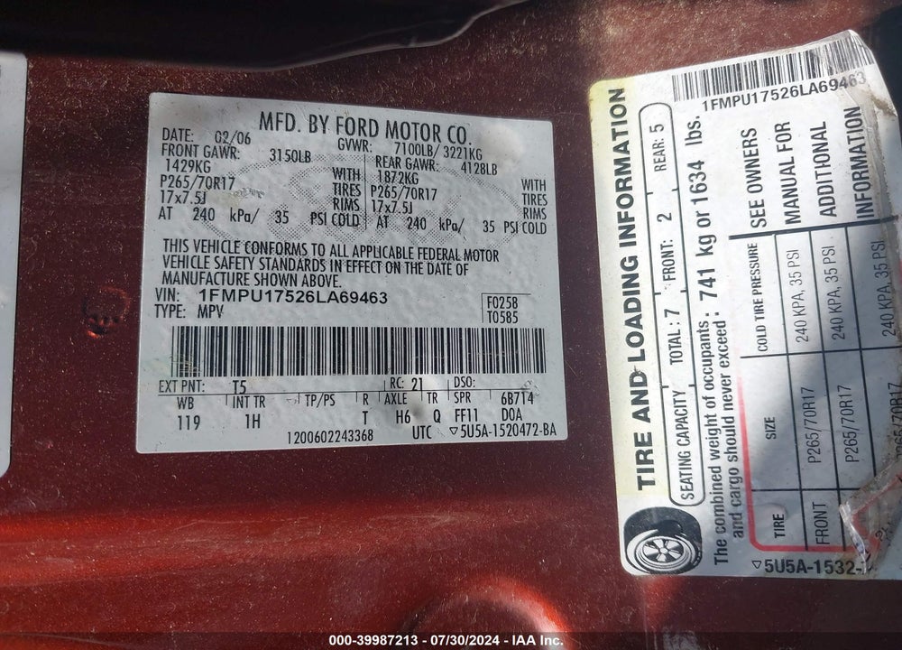 2006 FORD EXPEDITION EDDIE BAUER/KING RANCH VIN: 1FMPU17526LA69463