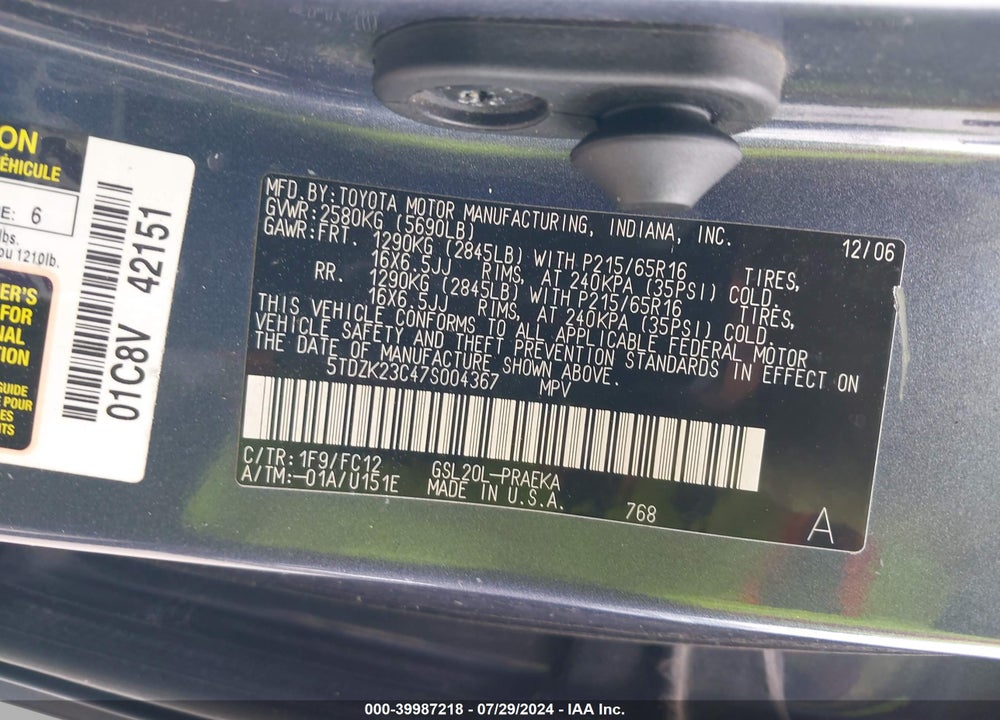 2007 TOYOTA SIENNA LE VIN: 5TDZK23C47S004367