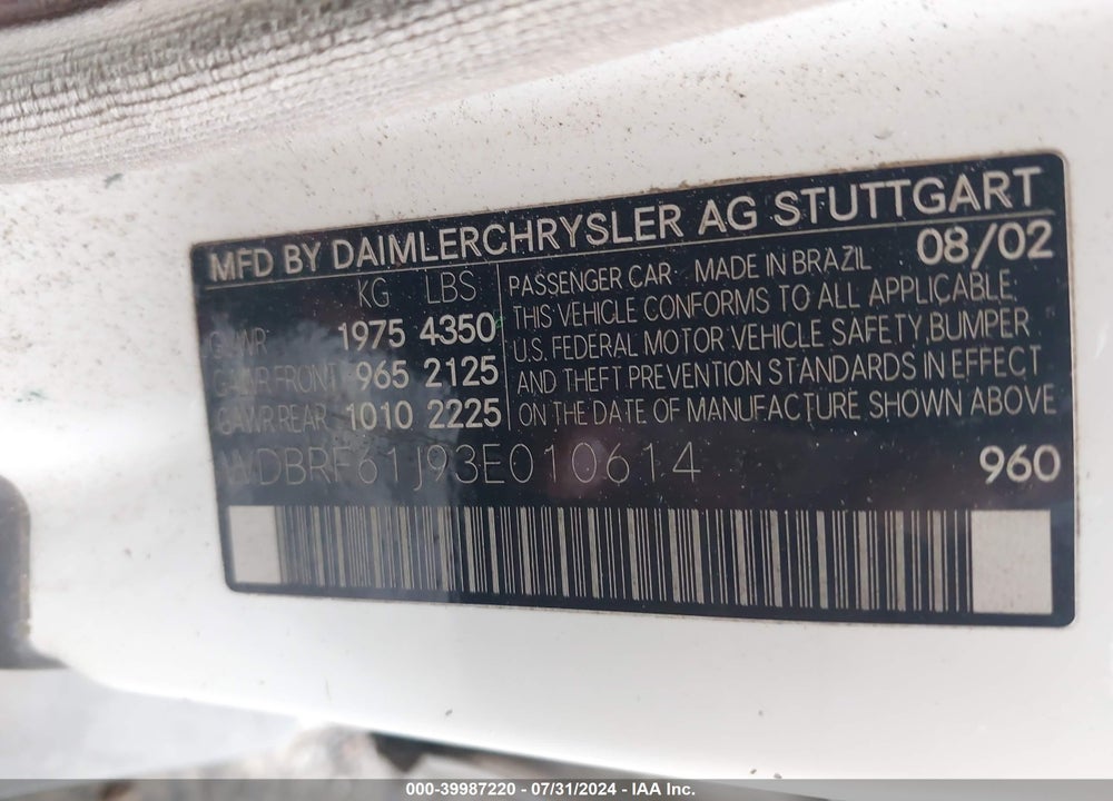 2003 MERCEDES-BENZ C 240 VIN: WDBRF61J93E010614