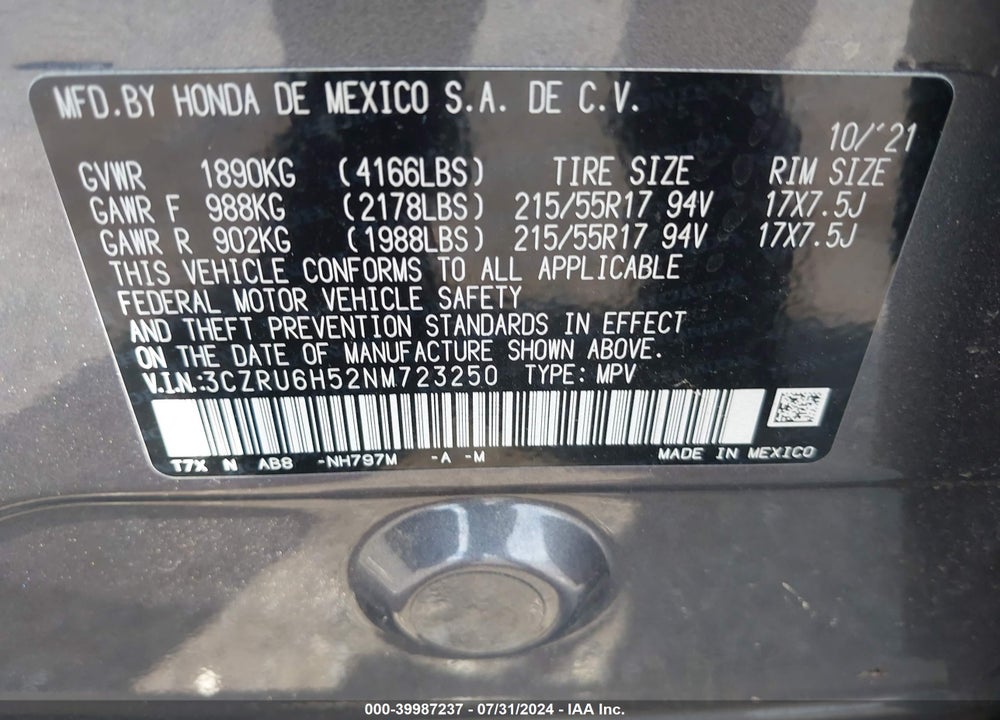 2022 HONDA HR-V AWD EX VIN: 3CZRU6H52NM723250