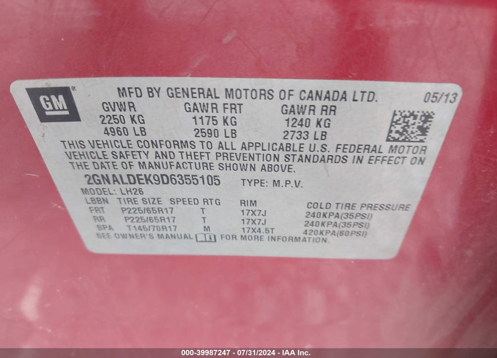 2013 CHEVROLET EQUINOX 1LT VIN: 2GNALDEK9D6355105