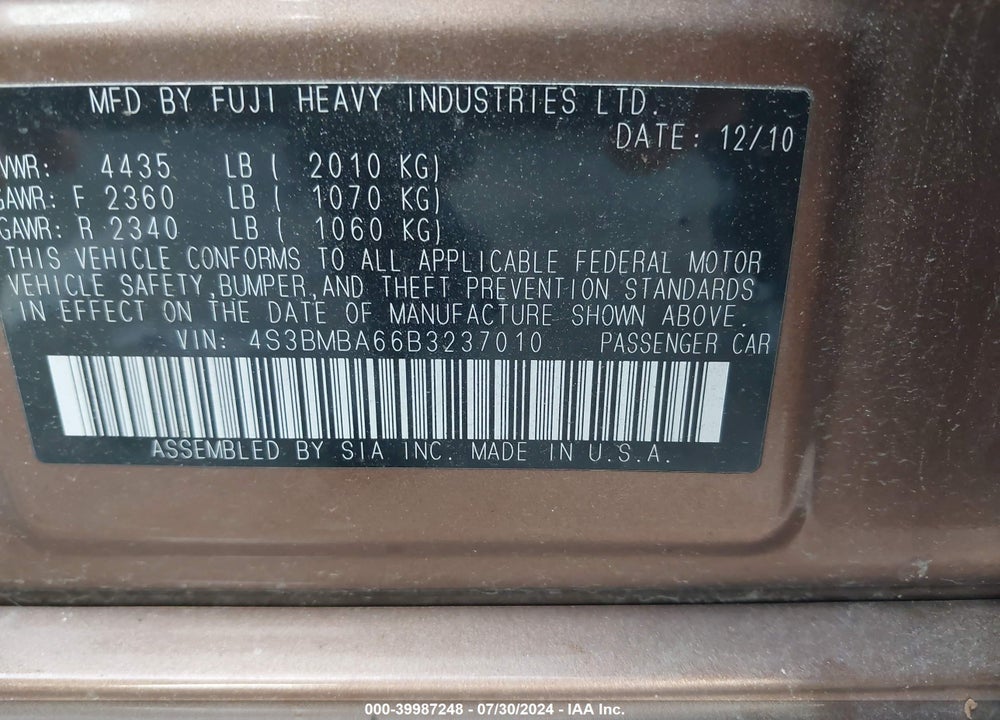 2011 SUBARU LEGACY 2.5I VIN: 4S3BMBA66B3237010
