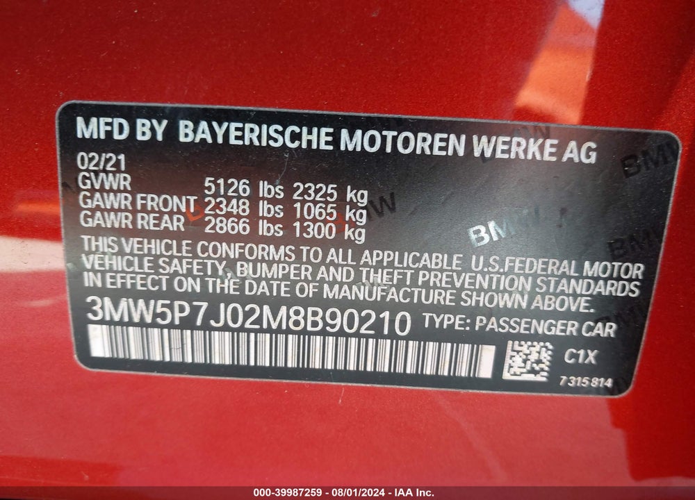 2021 BMW 3 SERIES 330E VIN: 3MW5P7J02M8B90210