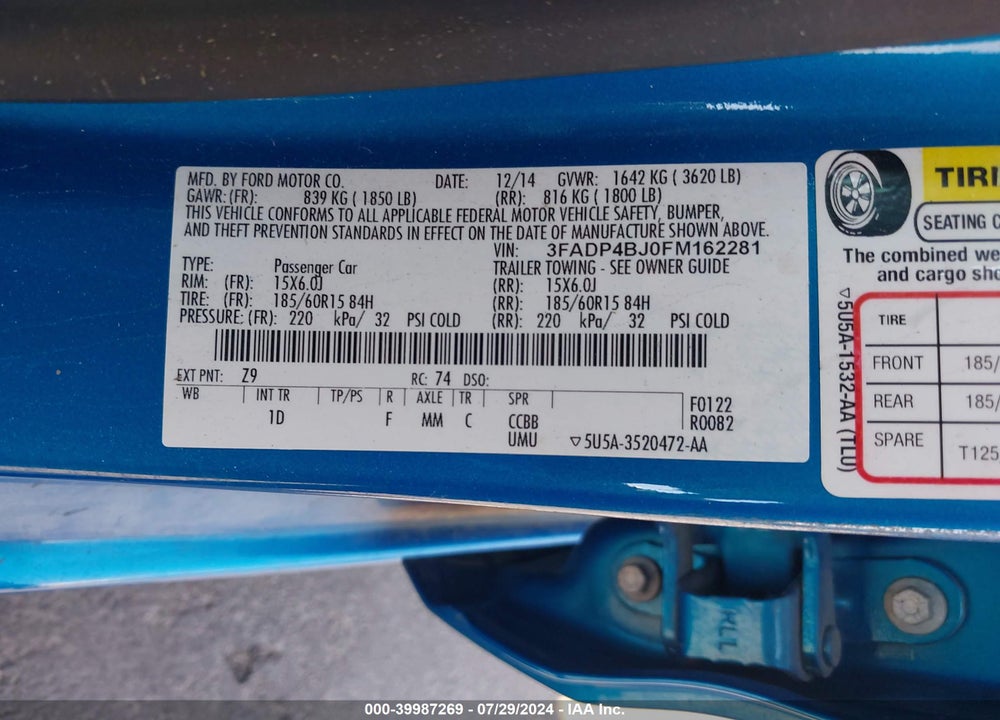 2015 FORD FIESTA SE VIN: 3FADP4BJ0FM162281