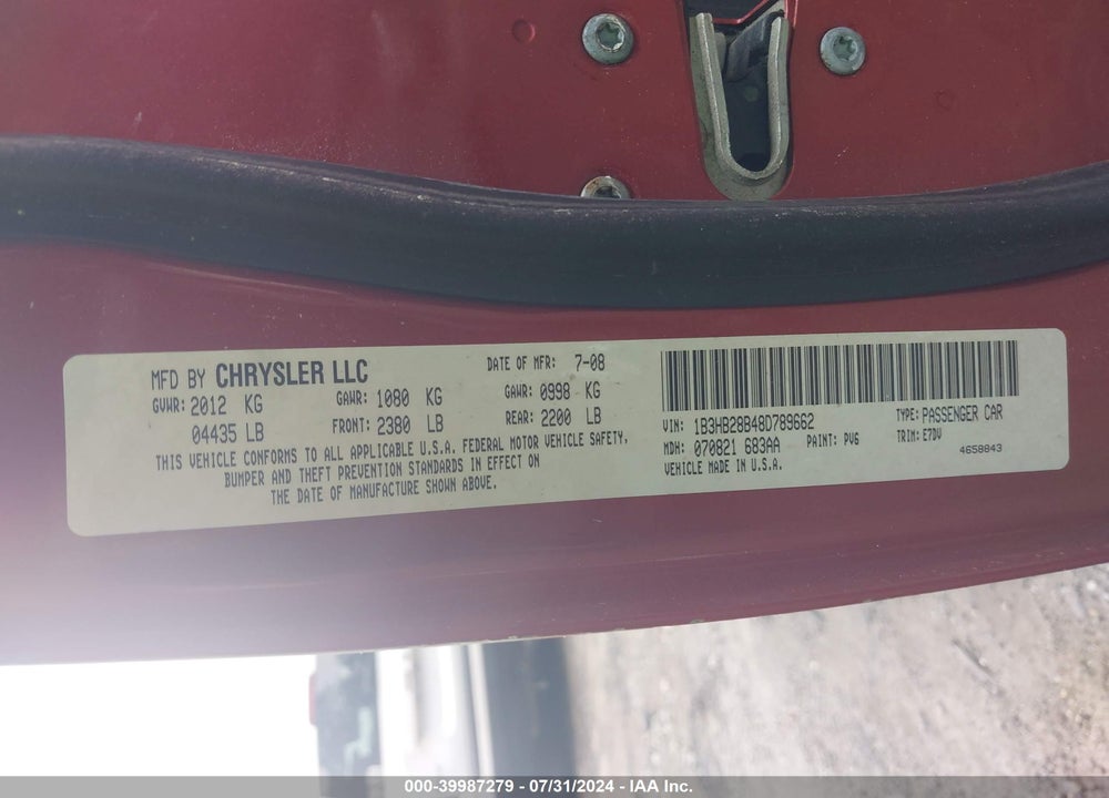 2008 DODGE CALIBER SE VIN: 1B3HB28B48D789662