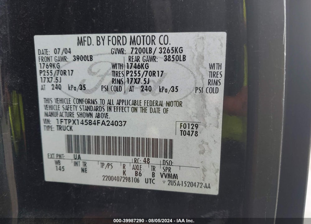 2004 FORD F-150 FX4/LARIAT/XL/XLT VIN: 1FTPX14584FA24037