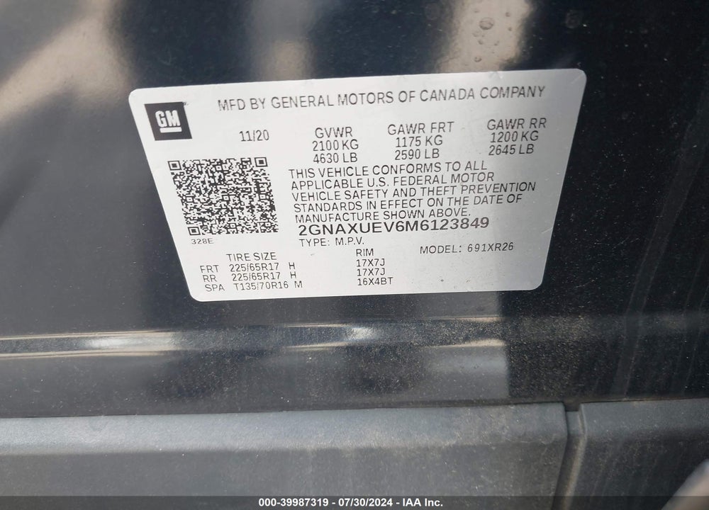 2021 CHEVROLET EQUINOX VIN: 2GNAXUEV6M6123849