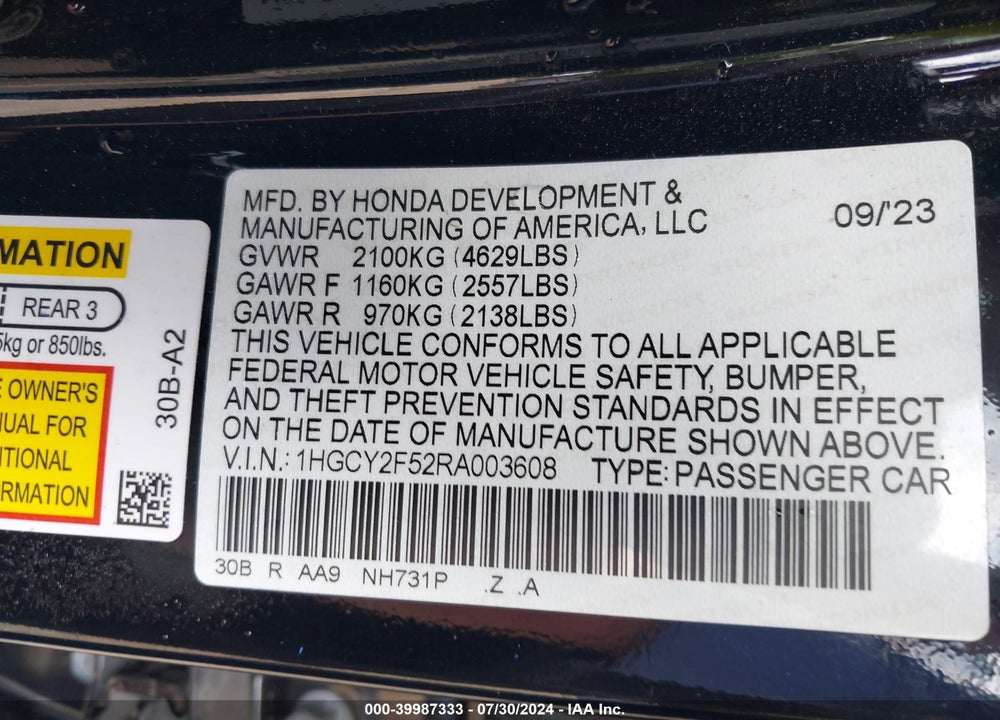 2024 HONDA ACCORD HYBRID SPORT VIN: 1HGCY2F52RA003608