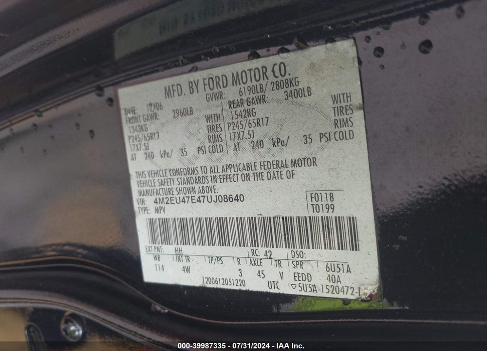 2007 MERCURY MOUNTAINEER VIN: 4M2EU47E47UJ08640