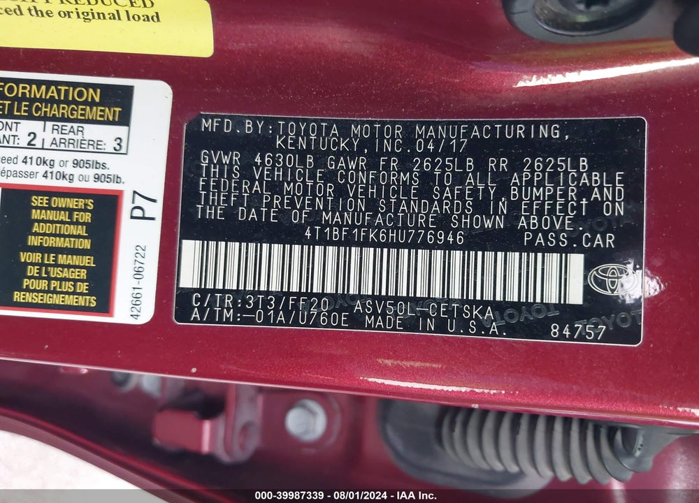 2017 TOYOTA CAMRY SE VIN: 4T1BF1FK6HU776946