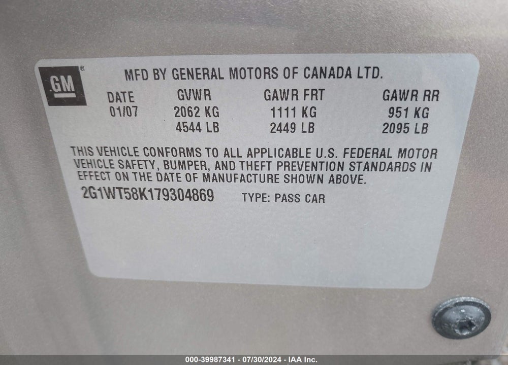 2007 CHEVROLET IMPALA VIN: 2G1WT58K179304869