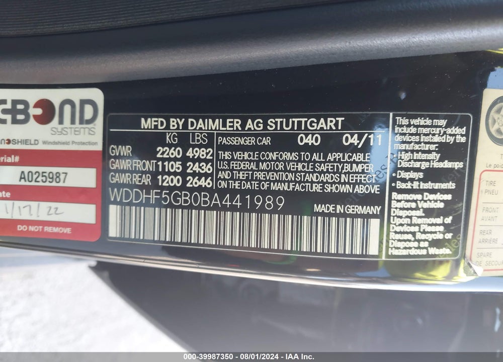 2011 MERCEDES-BENZ E 350 VIN: WDDHF5GB0BA441989