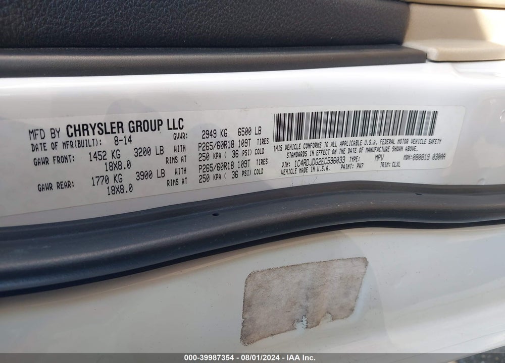 2014 DODGE DURANGO LIMITED VIN: 1C4RDJDG2EC596033
