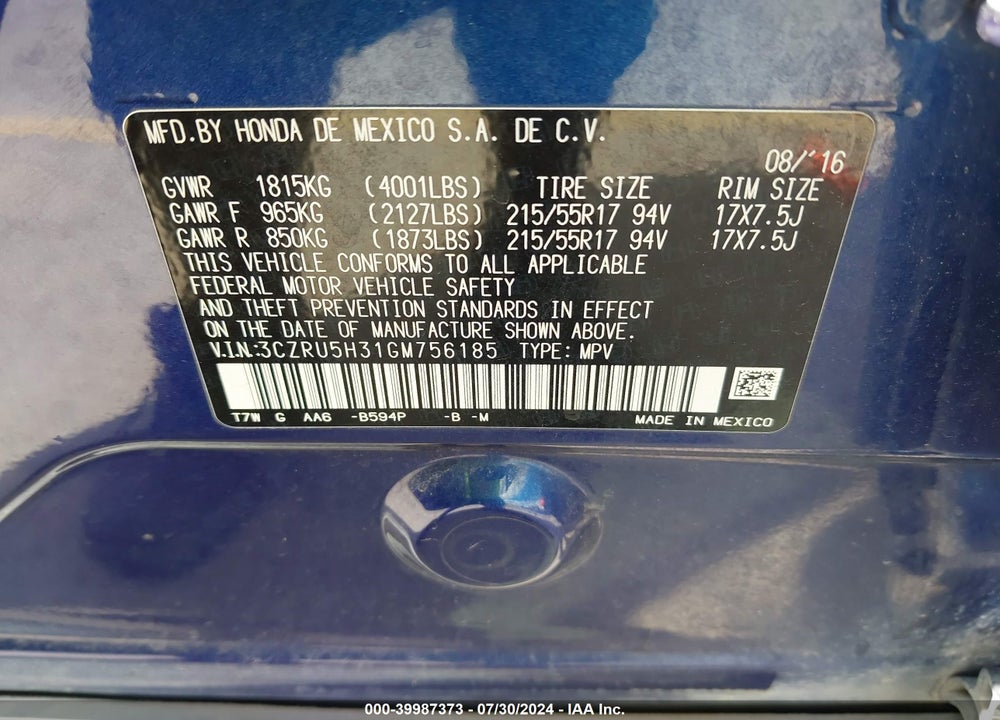 2016 HONDA HR-V VIN: 3CZRU5H31GM756185