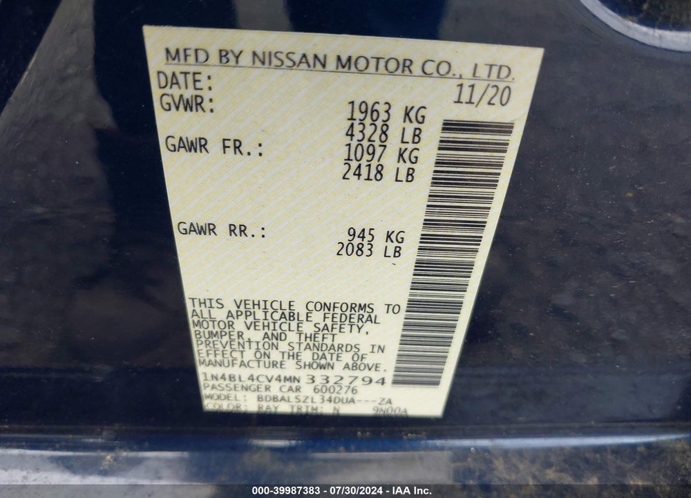 2021 NISSAN ALTIMA VIN: 1N4BL4CV4MN332794