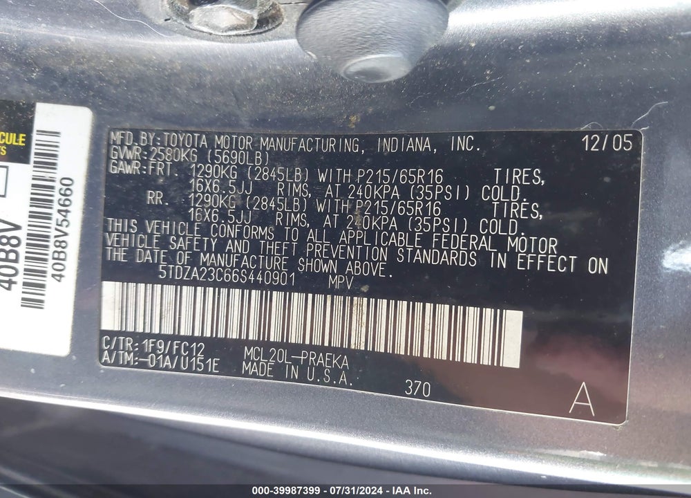 2006 TOYOTA SIENNA LE VIN: 5TDZA23C66S440901