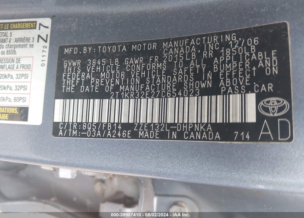 2007 TOYOTA MATRIX/XR VIN: 2T1KR32E27C654023