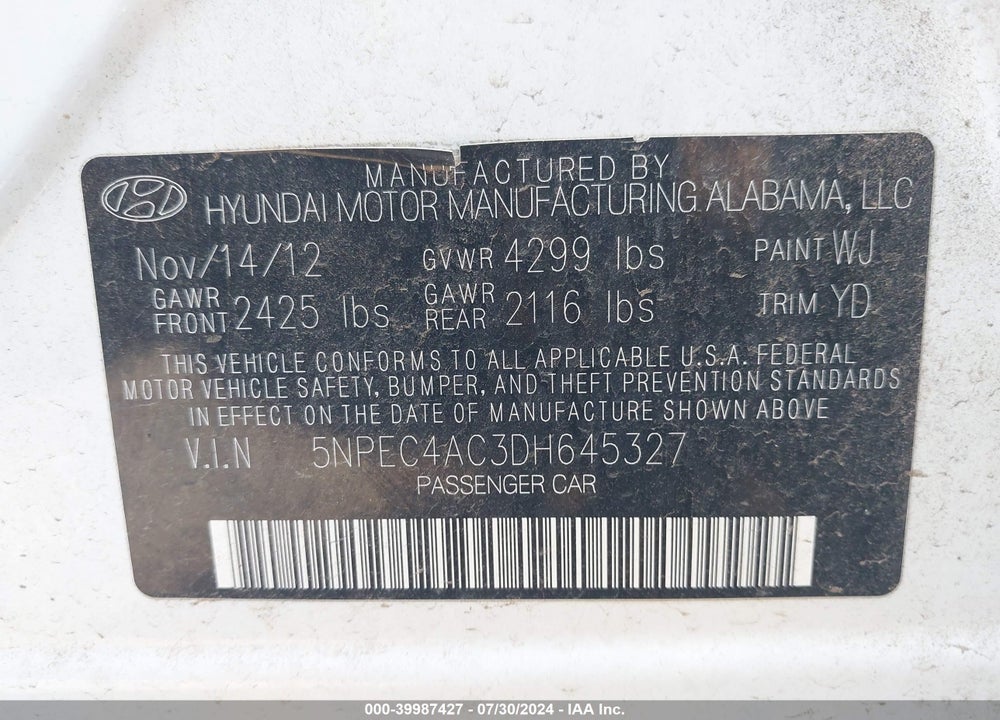 2013 HYUNDAI SONATA LIMITED VIN: 5NPEC4AC3DH645327