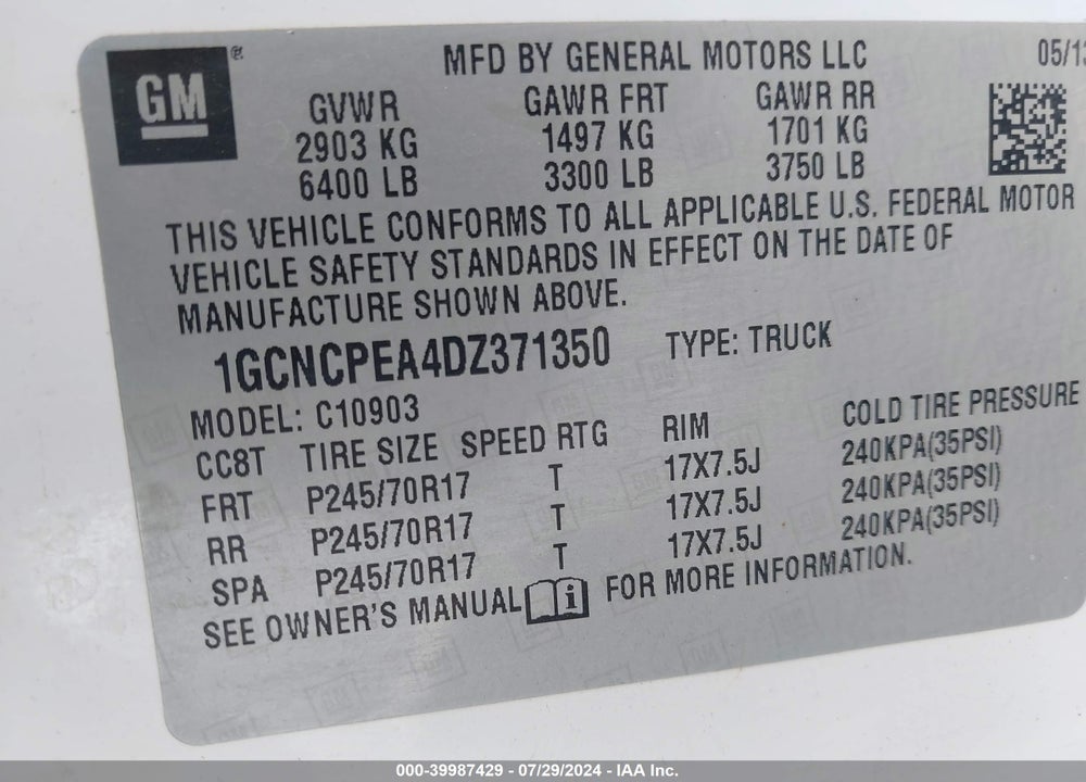 2013 CHEVROLET SILVERADO 1500 WORK TRUCK VIN: 1GCNCPEA4DZ371350