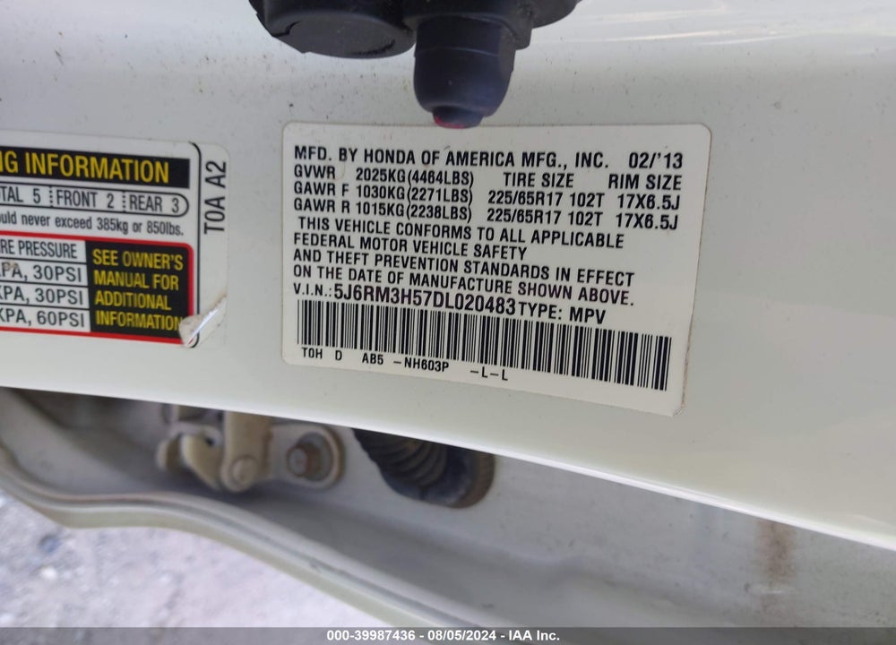 2013 HONDA CR-V EX VIN: 5J6RM3H57DL020483