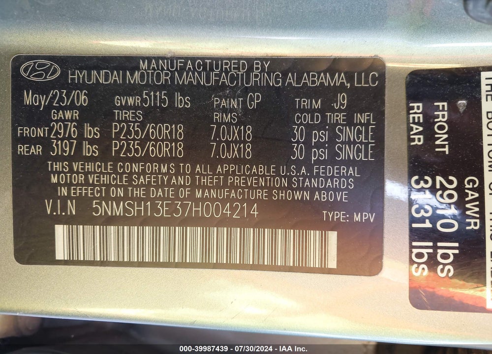2007 HYUNDAI SANTA FE LIMITED/SE VIN: 5NMSH13E37H004214