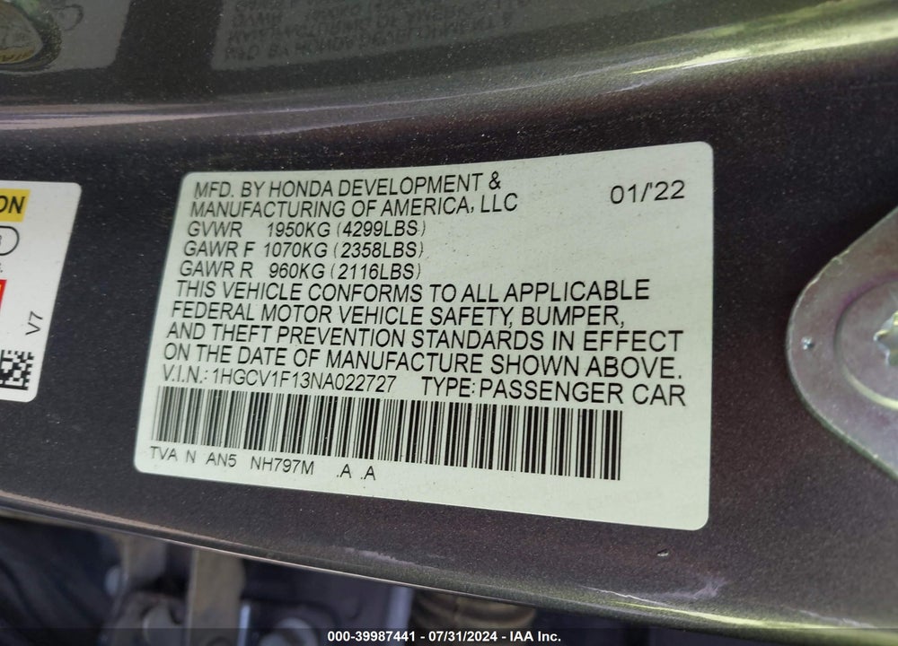 2022 HONDA ACCORD LX VIN: 1HGCV1F13NA022727