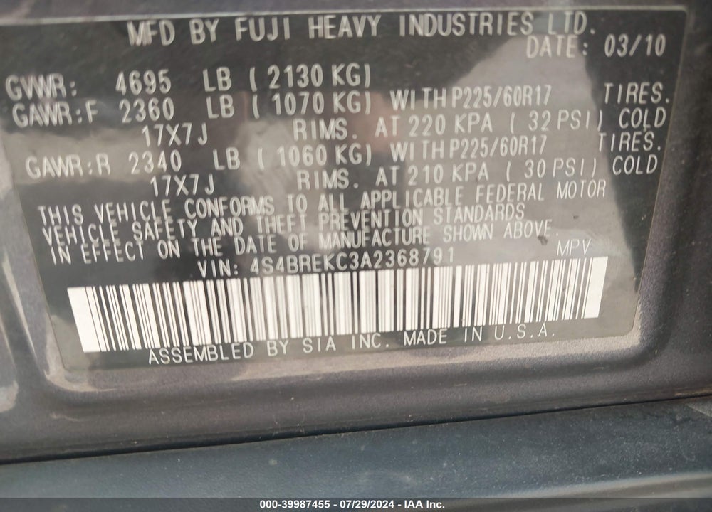 2010 SUBARU OUTBACK 3.6R LIMITED VIN: 4S4BREKC3A2368791