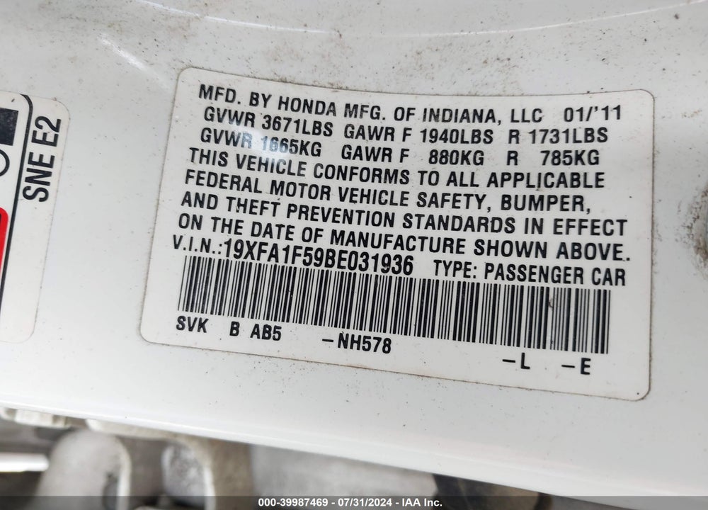 2011 HONDA CIVIC LX VIN: 19XFA1F59BE031936