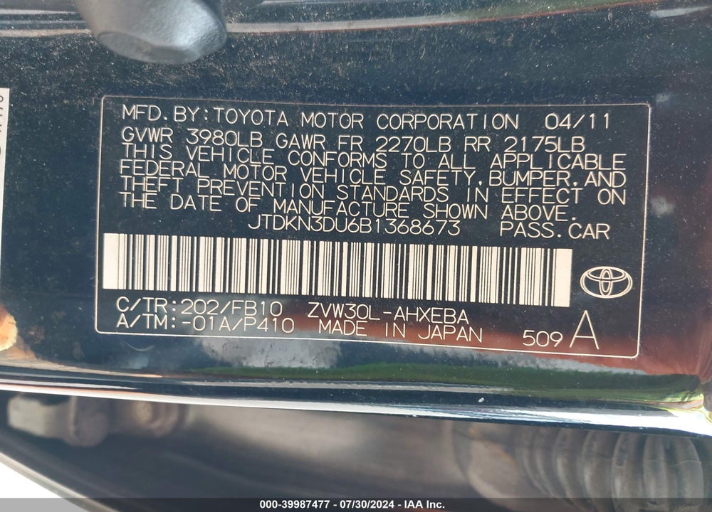 2011 TOYOTA PRIUS TWO VIN: JTDKN3DU6B1368673