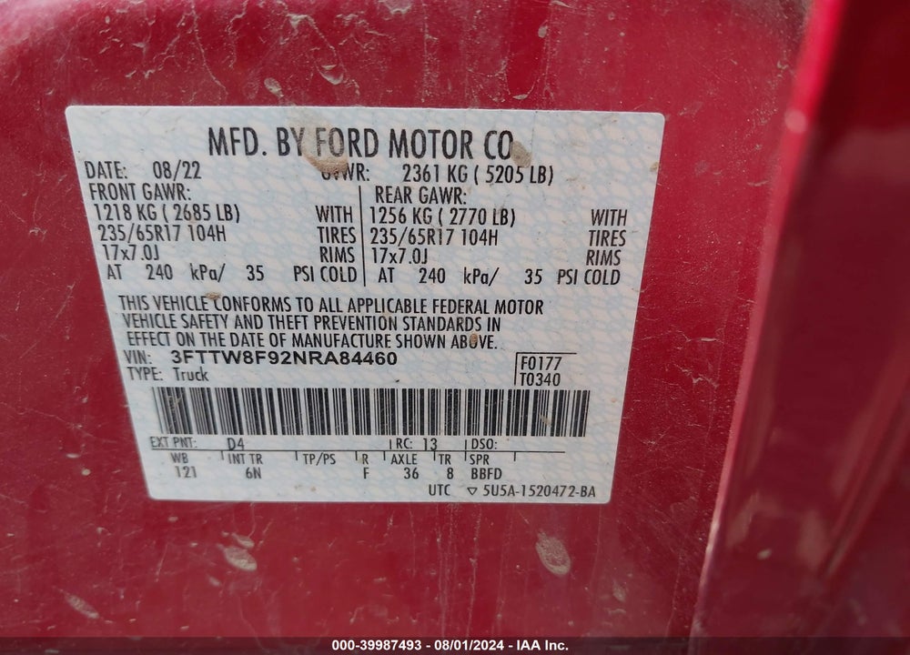 2022 FORD MAVERICK LARIAT VIN: 3FTTW8F92NRA84460