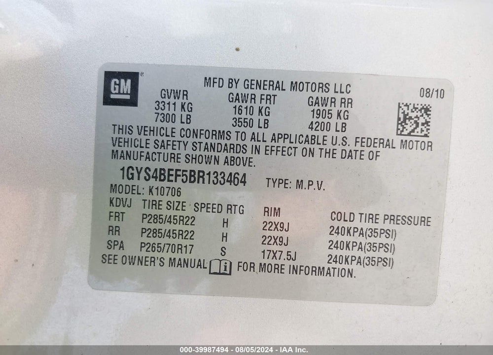 2011 CADILLAC ESCALADE LUXURY VIN: 1GYS4BEF5BR133464