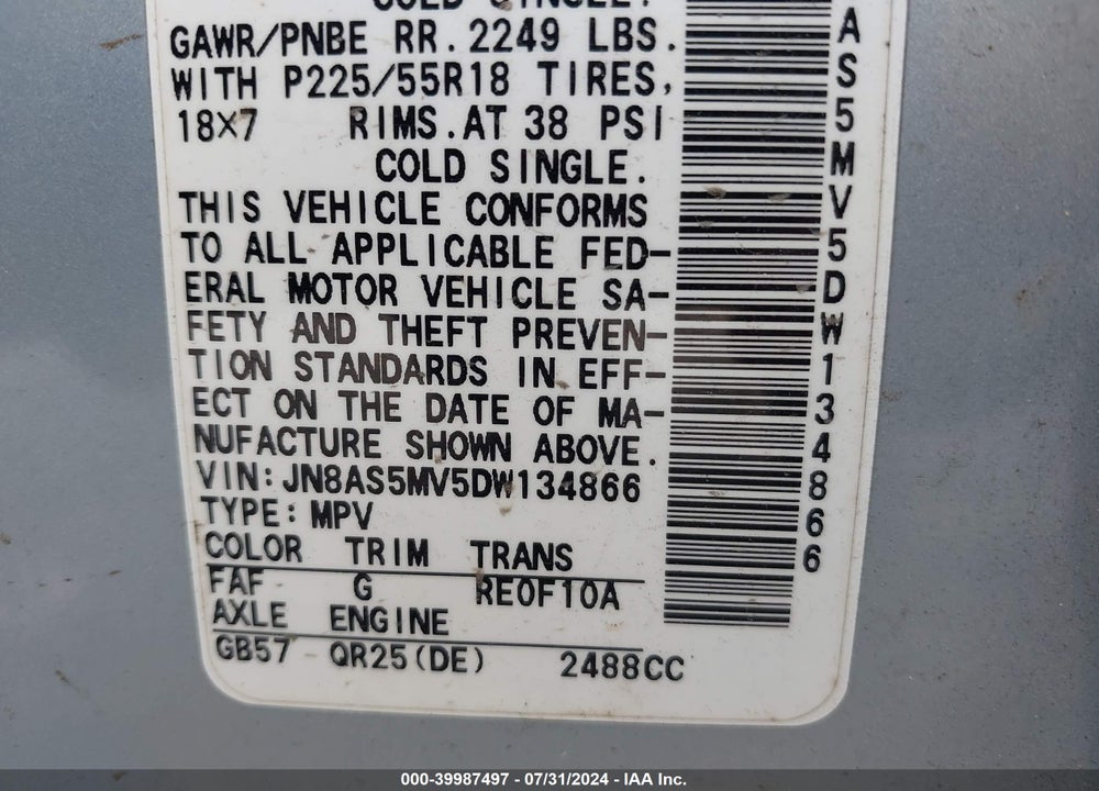 2013 NISSAN ROGUE SV W/SL PKG VIN: JN8AS5MV5DW134866