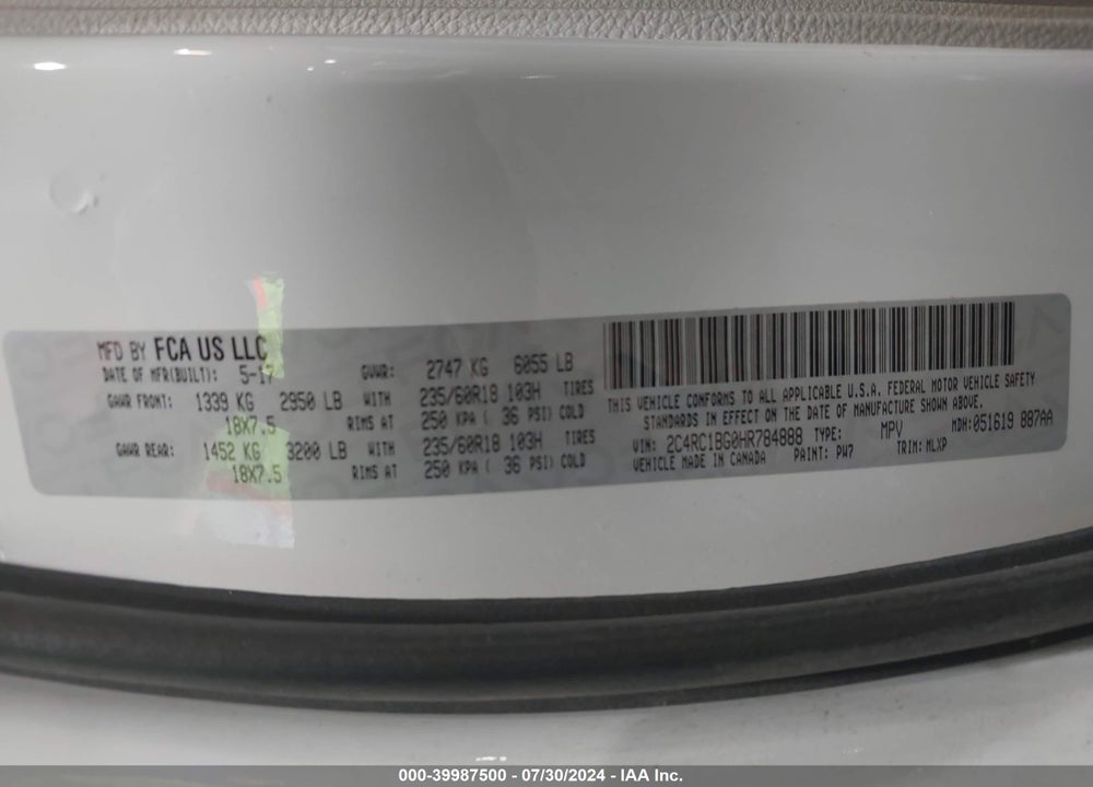 2017 CHRYSLER PACIFICA TOURING L VIN: 2C4RC1BG0HR784888