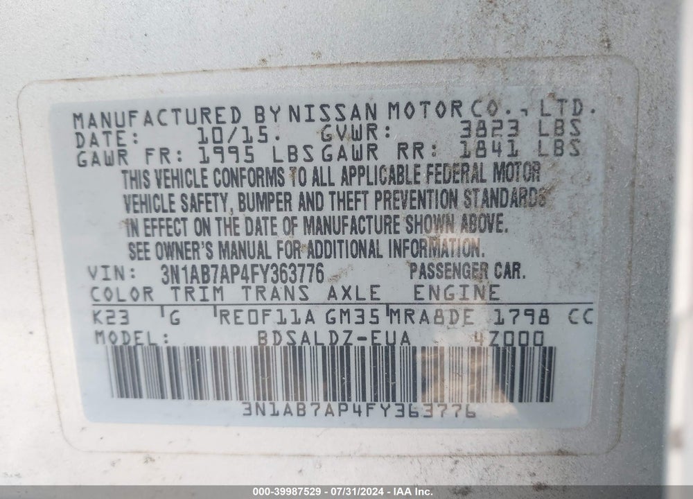 2015 NISSAN SENTRA SV VIN: 3N1AB7AP4FY363776