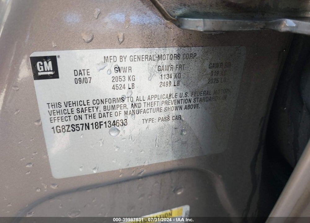 2008 SATURN AURA XE VIN: 1G8ZS57N18F134633