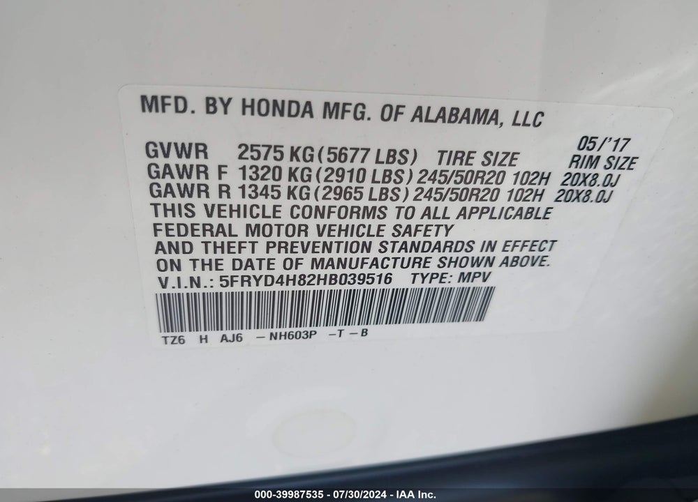 2017 ACURA MDX ADVANCE PACKAGE VIN: 5FRYD4H82HB039516