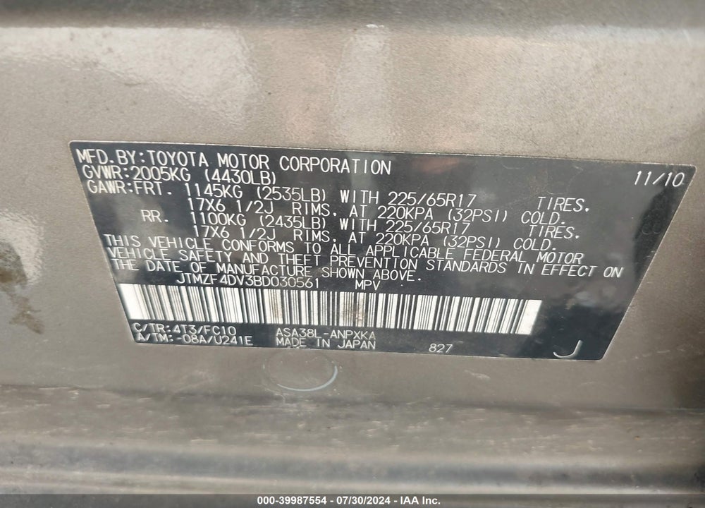 2011 TOYOTA RAV4 VIN: JTMZF4DV3BD030561